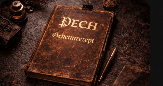 Altes Rezeptbuch mit der Aufschrift Pech Geheimrezept